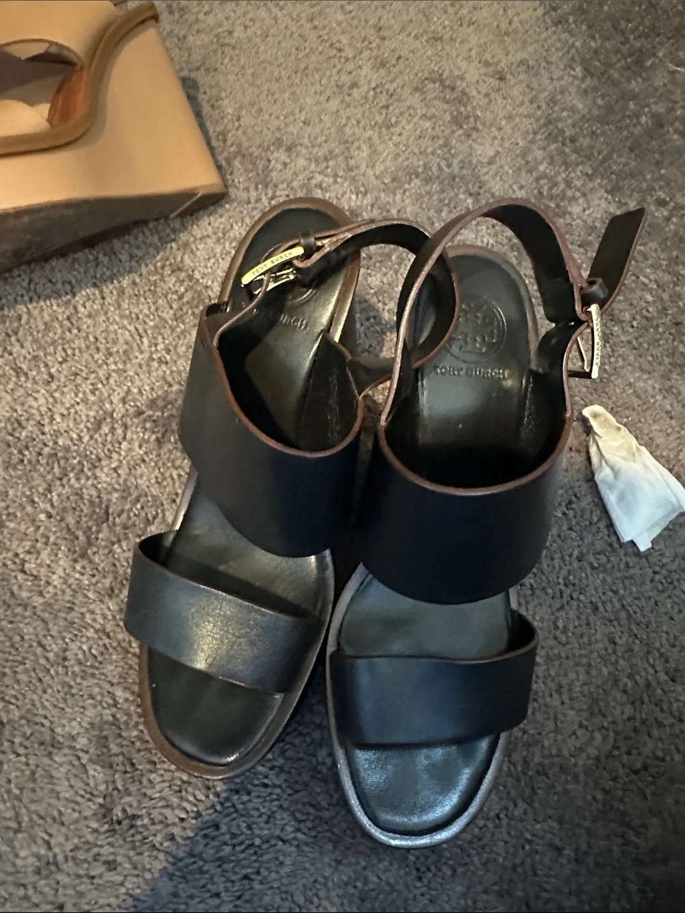 Tory Burch Double-Strap Wedge Sandals in Black and Tan- Set